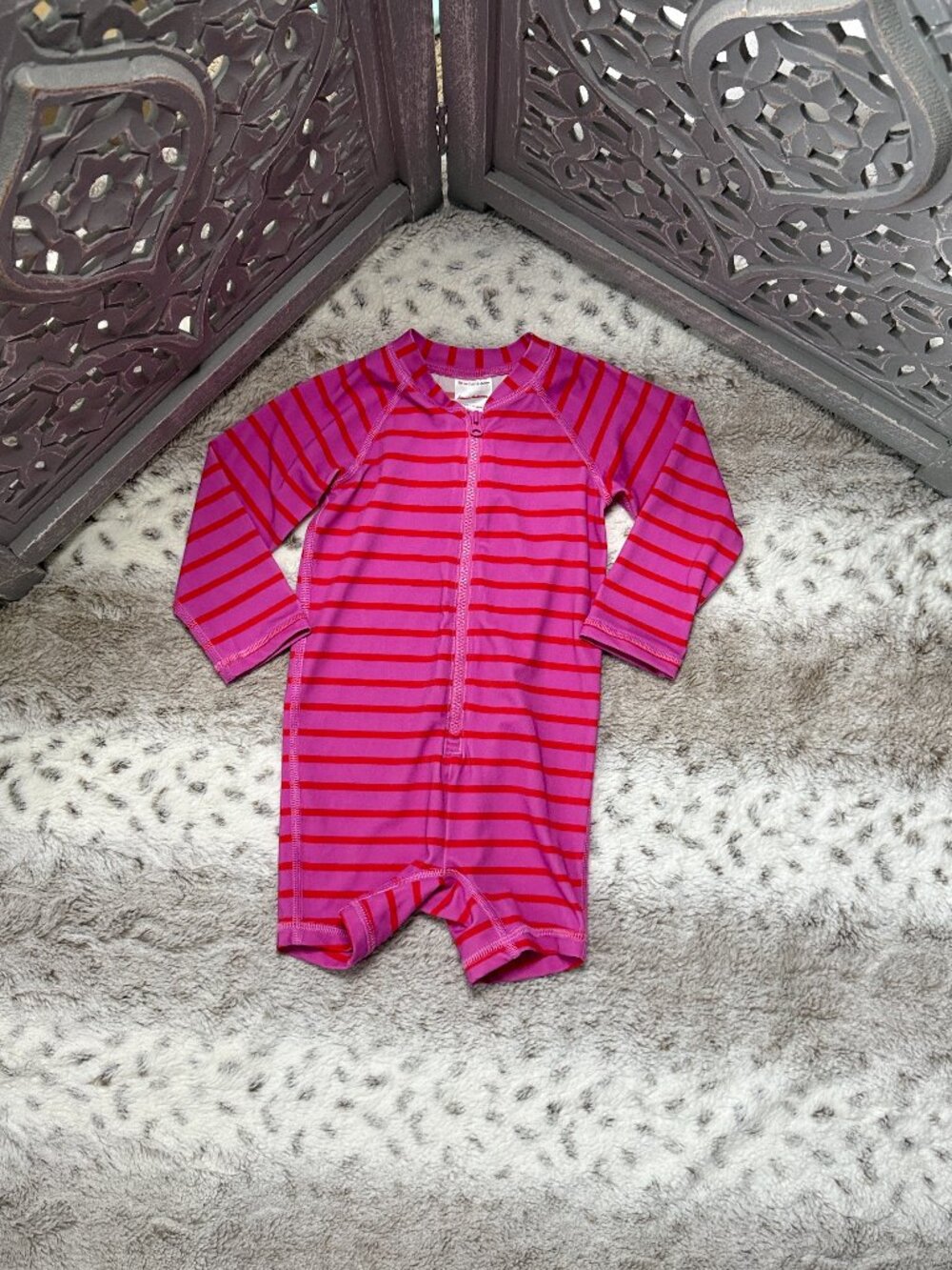 Hanna Andersson pink red stripes rashguard swimsuit baby girls 18 months summer